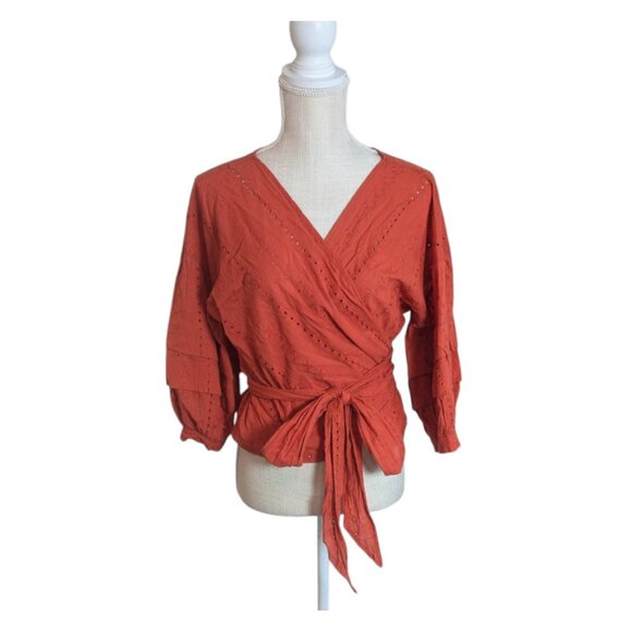 Forever 21 Women's Size S Rust Orange Eyelet Cotton Puff Sleeve Wrap Blouse Top - Picture 1 of 6